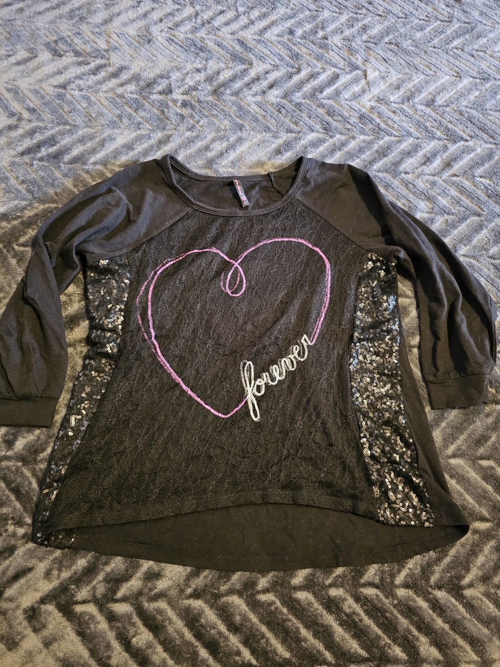 Hybrid Apparel Black Long Sleeve Lace Top with Pink Heart & Sequin Panels